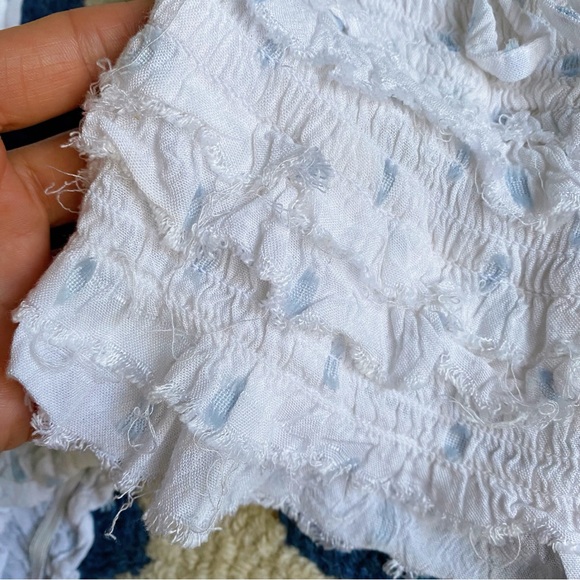🐚 REBELLION BOHO WHITE BLUE DOTTED STRING LONG SLEEVE LAYERED RAW HEM CROP TOP! - Picture 8 of 12